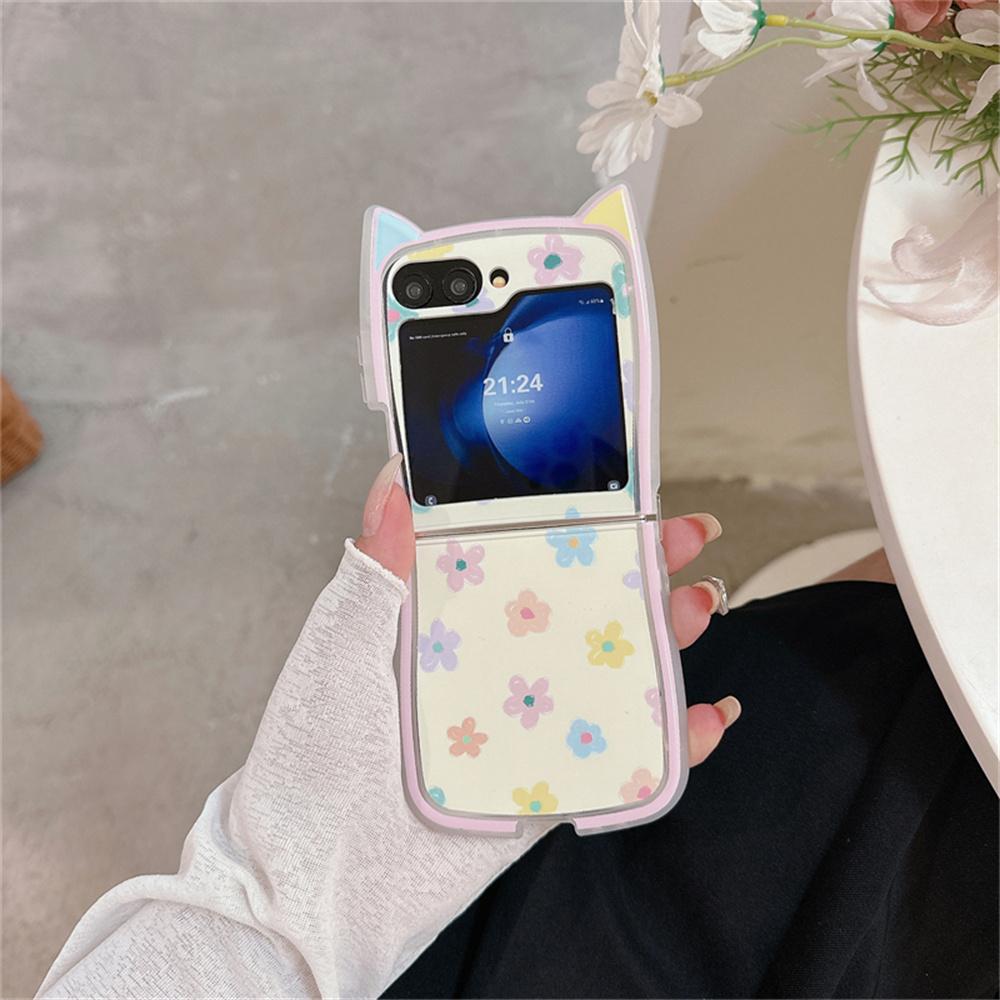 Custodia con Braccialetto a Catena per Polso Gatto con Orecchie da Fiore Cartone Animato per Samsung Galaxy Z Flip 6 5 4 3 Flip5 flip6 Pittura ad Olio Perline Braccialetto Copertura Colorata