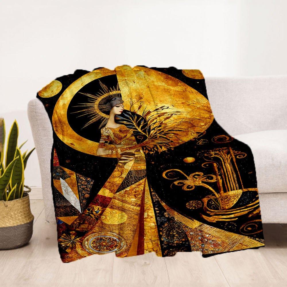 Golden Goddess Wall Art: Celestial Elegance DecorBlanket Flannel Throw Blanket for Sofa, Bed, Travel, Camping, Office, Couch, Chair, And Bed