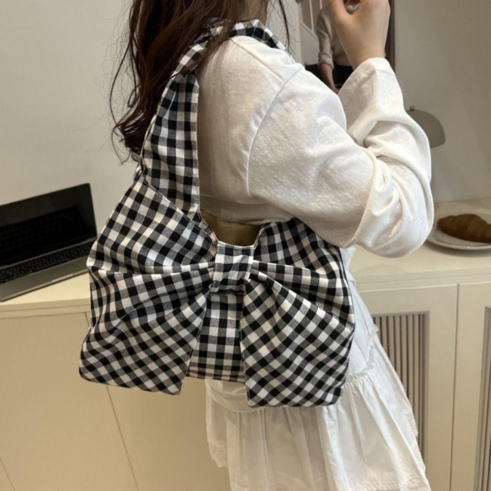 Large Capacity Bow Shoulder Bag Korean Style Plaid Tote Bag Casual Handbag  Women