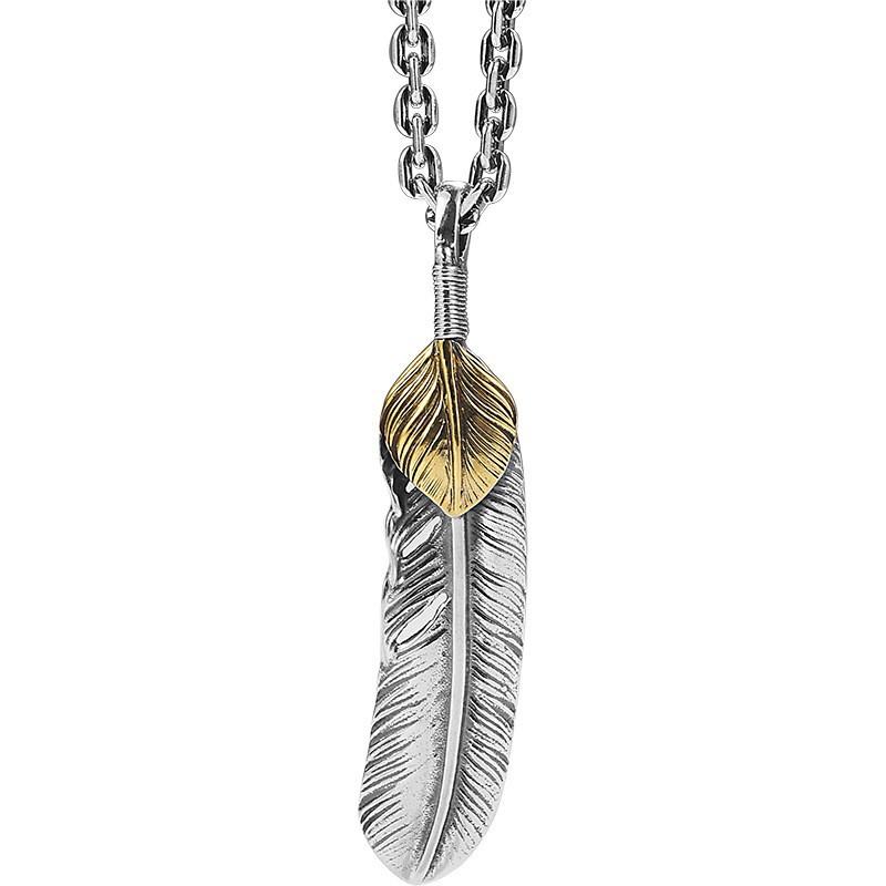 Xinqin Jewelry 925 Silver Feather Necklace Men's Trendy Brand Retro Hip Hop Couple Personalized Versatile Silver Pendant