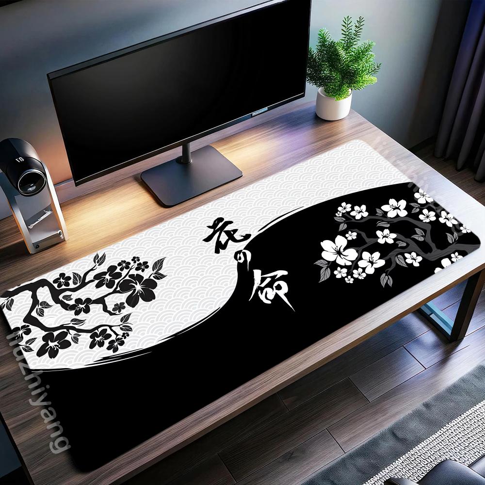 Black White Sakura Mouse Pad Large Computer Office Game Table Mat Xxl Rubber Nonslip Stitched Edge Keyboard Mats Long Desk Pads