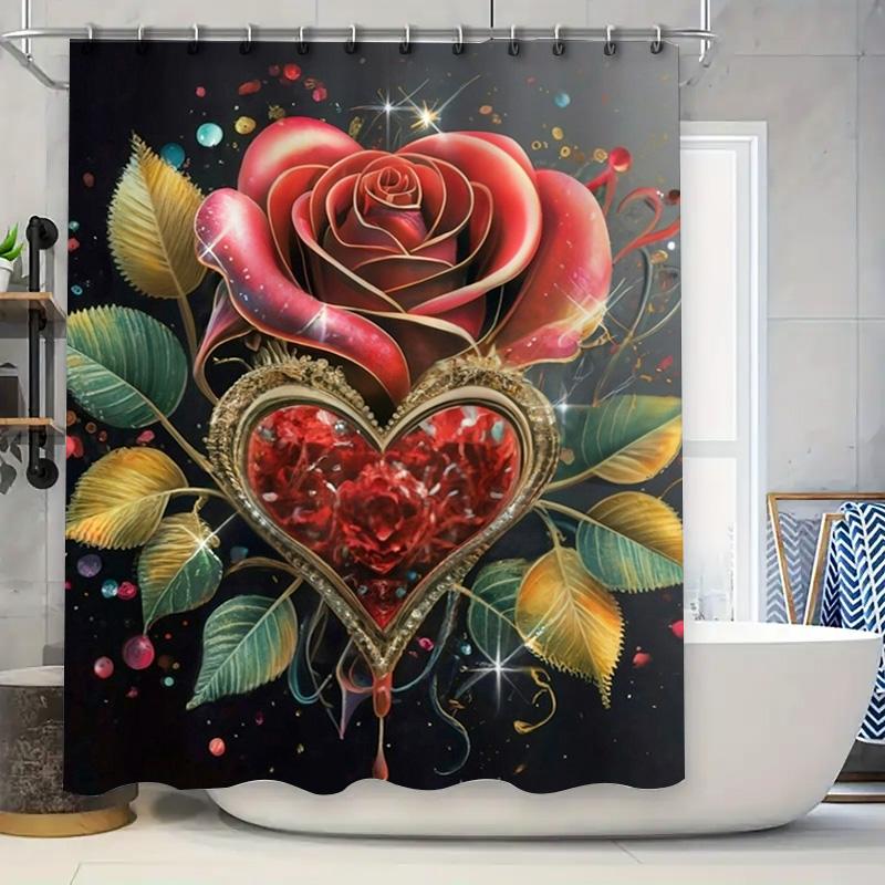Romantic Rose Heart Shower Curtain - Luxurious Red Floral And Gemstone Design For A Waterproof And Unique Bathroom Dcor Set