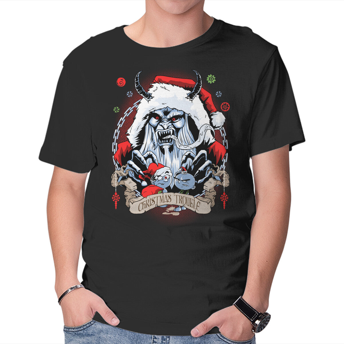 Unisex Crew Neck T-Shirt Christmas Trouble Graphic Short Sleeve Casual Tee M