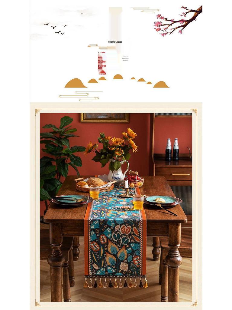 Retro Paisley Jacquard Table Runner with Tassels - Ethnic Style Polyester Decor