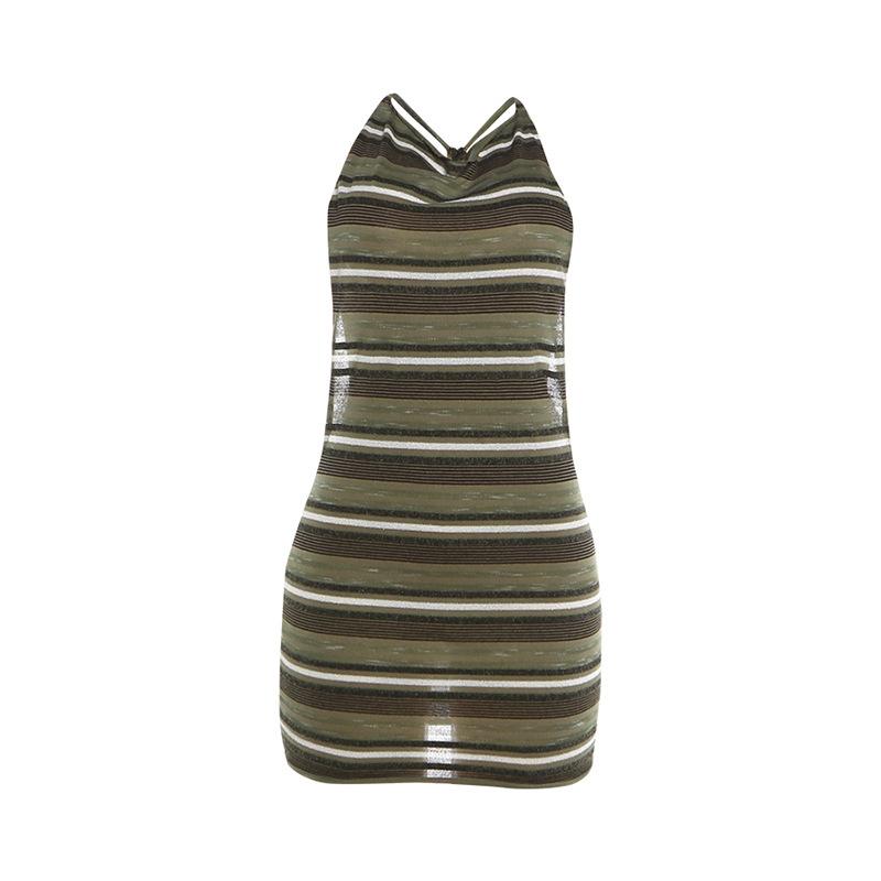 Women Striped Print Open Back Bodycon Dress Sexy Sleeveless Halter Neck Mini Dress S