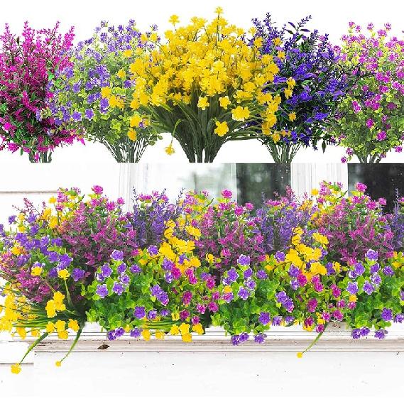 20 Bundles Artificial Flowers Outdoor UV Resistant No Fade Fake Plants Faux Plastic Shrubs for Garden Patio Porch Window Box Home Wedding Farmhouse