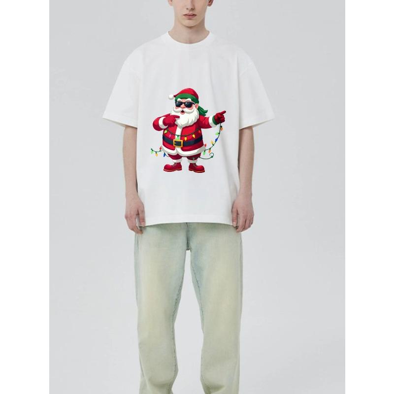Christmas T Shirt Black Santa Claus with Sunglasses and Lights Print for Holiday Party