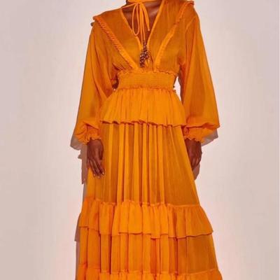 2023 Herbst Chiffon Rüschen Lagen Langes Kleid für Damen
