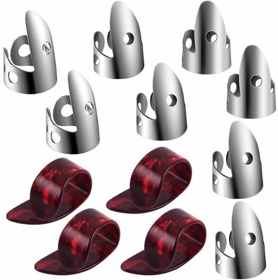 Gitarrenplektren: 8 verstellbare Plektren aus Edelstahl und 4 Daumenplektren aus Kunststoff.