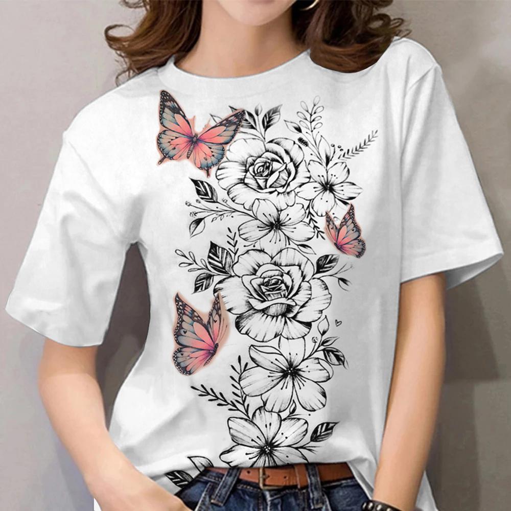 Summer Round Neck 3D Butterfly Flower Pattern Print Top Fashionable Casual Short Sleeved Women's T-shirts