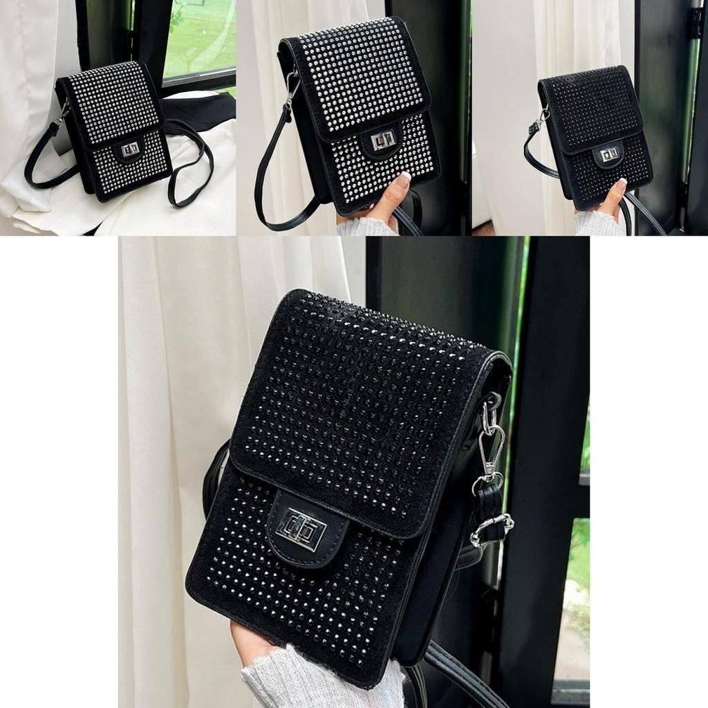 Fashionable 2024 Rhinestone Embellished Velvet Phone Bag Vertical Small Handbag For Women