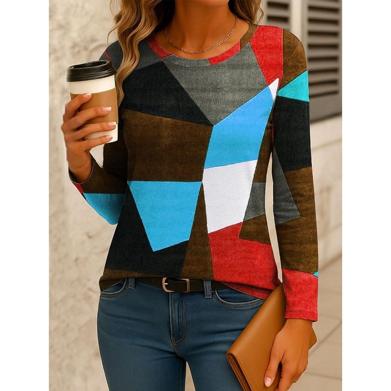 Women's T-shirt 3D irregular geometric print fashionable long-sleeved round neck regular top holiday spring and autumn