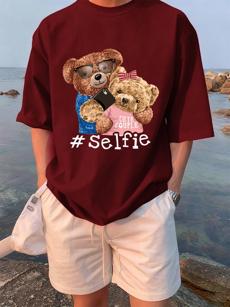 Cute Couple Bears Selfie Printing TShirts Womens Summer Cotton Short Sleeve Tees Loose ONeck Comfortable Tops Casual Clothes
