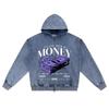 DTG Print Knitted Denim Zip-Up Hoodie Money Vintage Brother Print Zipper Hoodies  