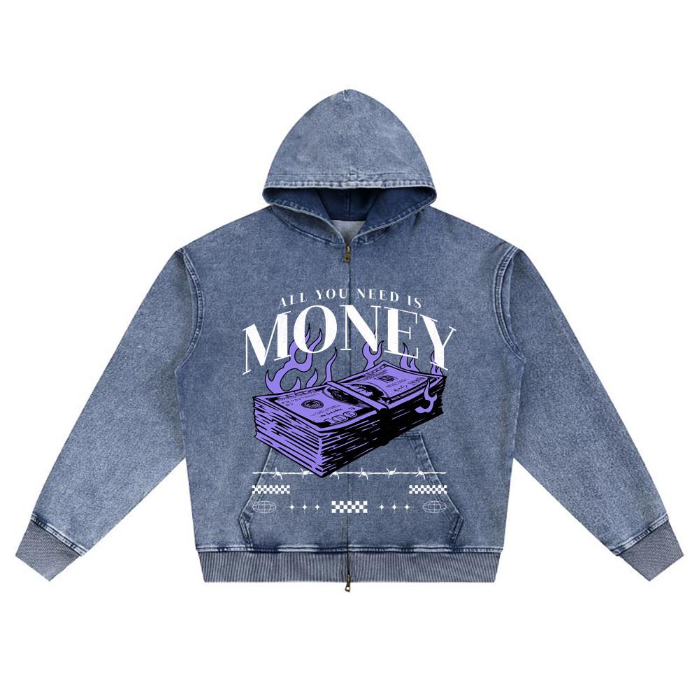 DTG Print Knitted Denim Zip-Up Hoodie Money Vintage Brother Print Zipper Hoodies  