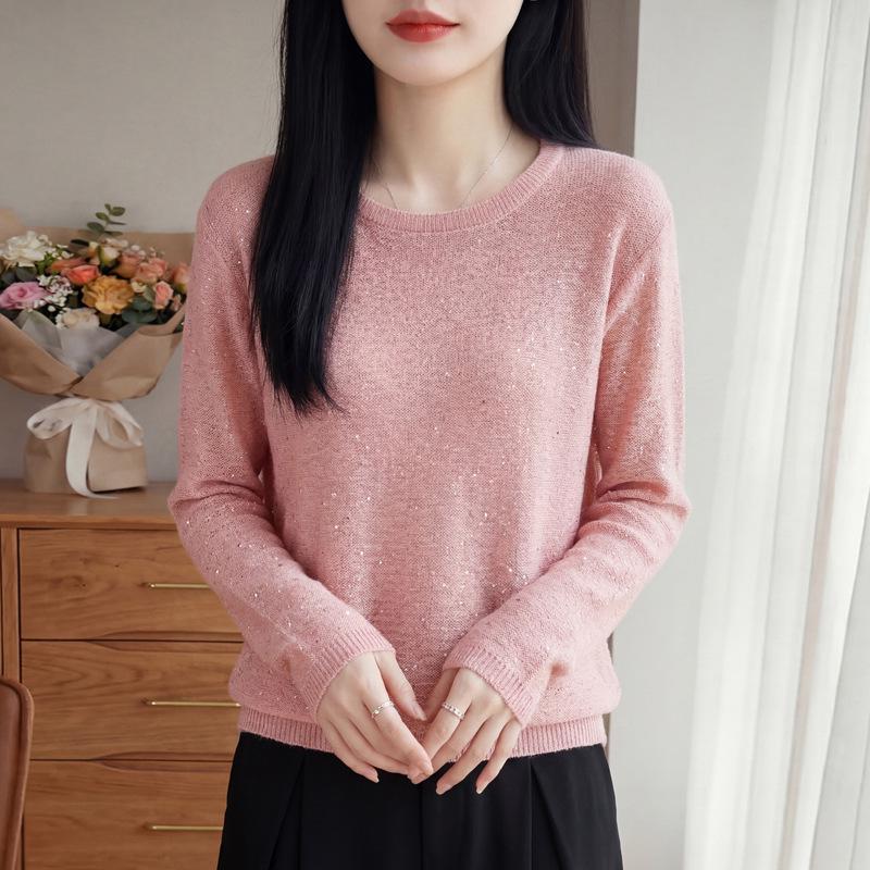 New Spring Pink Knit Round Neck Sweater for Women - Loose, Stylish Long Sleeve Base Top