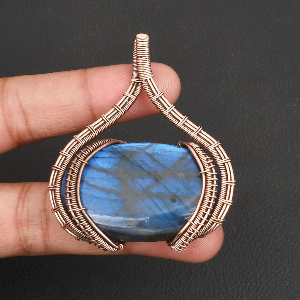 Pendentif Labradorite Bleue Naturelle Fil de Cuivre Enroulé à la Main Collier Style Antique Bijoux pour Femmes