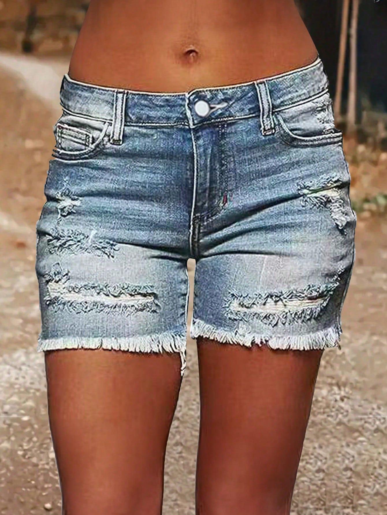 

2026 Plus Size Mid-Waist Stretch Ripped Raw Hem Denim Shorts Double Extra Large