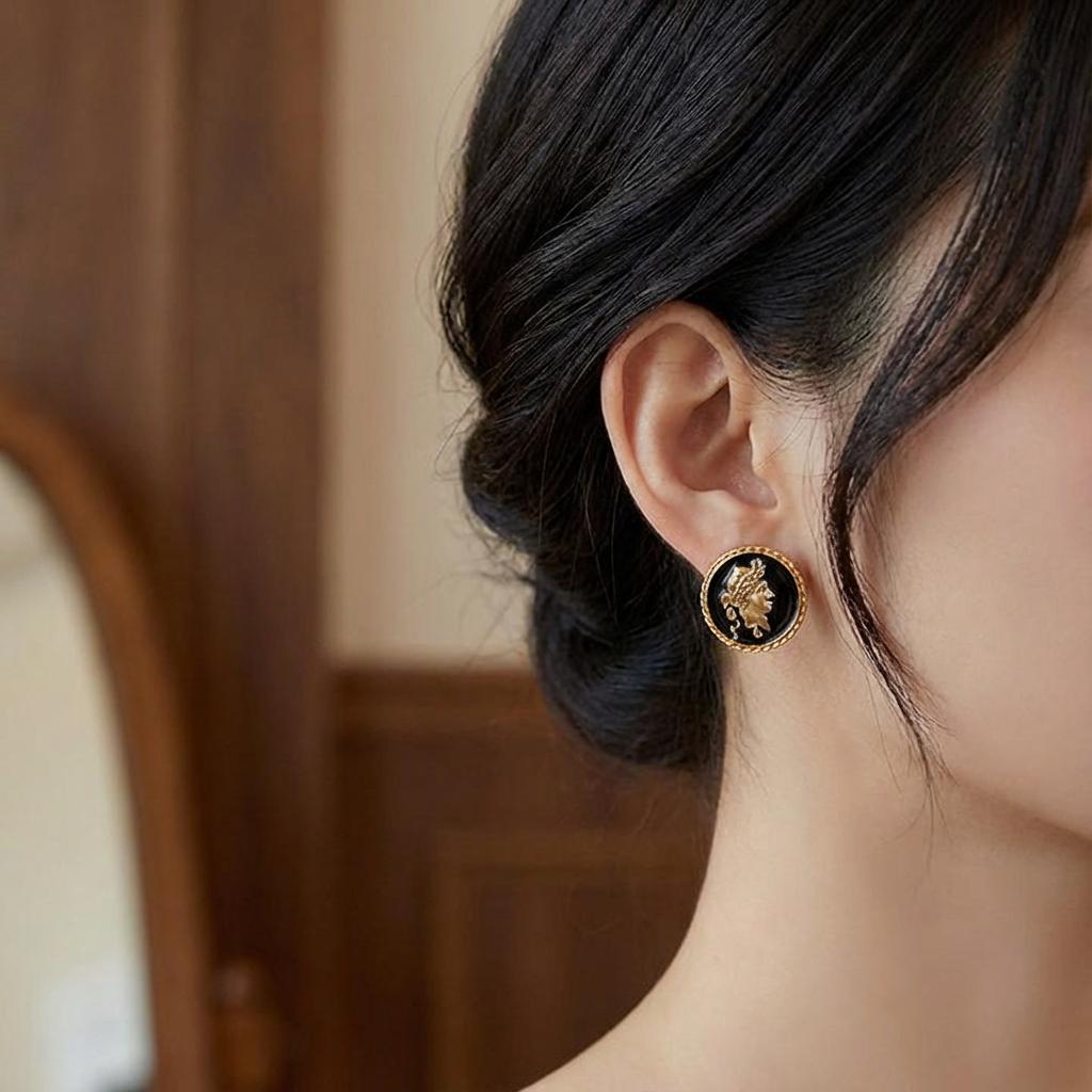 Vintage Gold Coin Stud Earrings for Women - Black Enamel Roman Cameo Medallion Portrait Statement Jewelry Gift