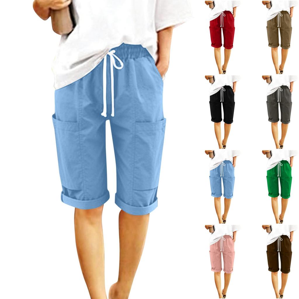 Women's Fashionable Color Elastic Waist Pocket Casual Loose Cotton And Linen Rolled Edge Five Quarter Shorts