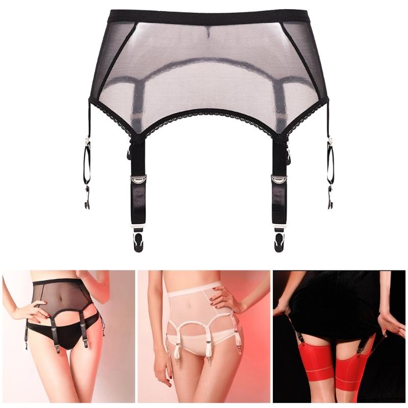 Women Sexy See Through Mesh High Waist Garter Belt with 4 Adjustable Clip Corsets Suspender Belt for Stockings Lingerie