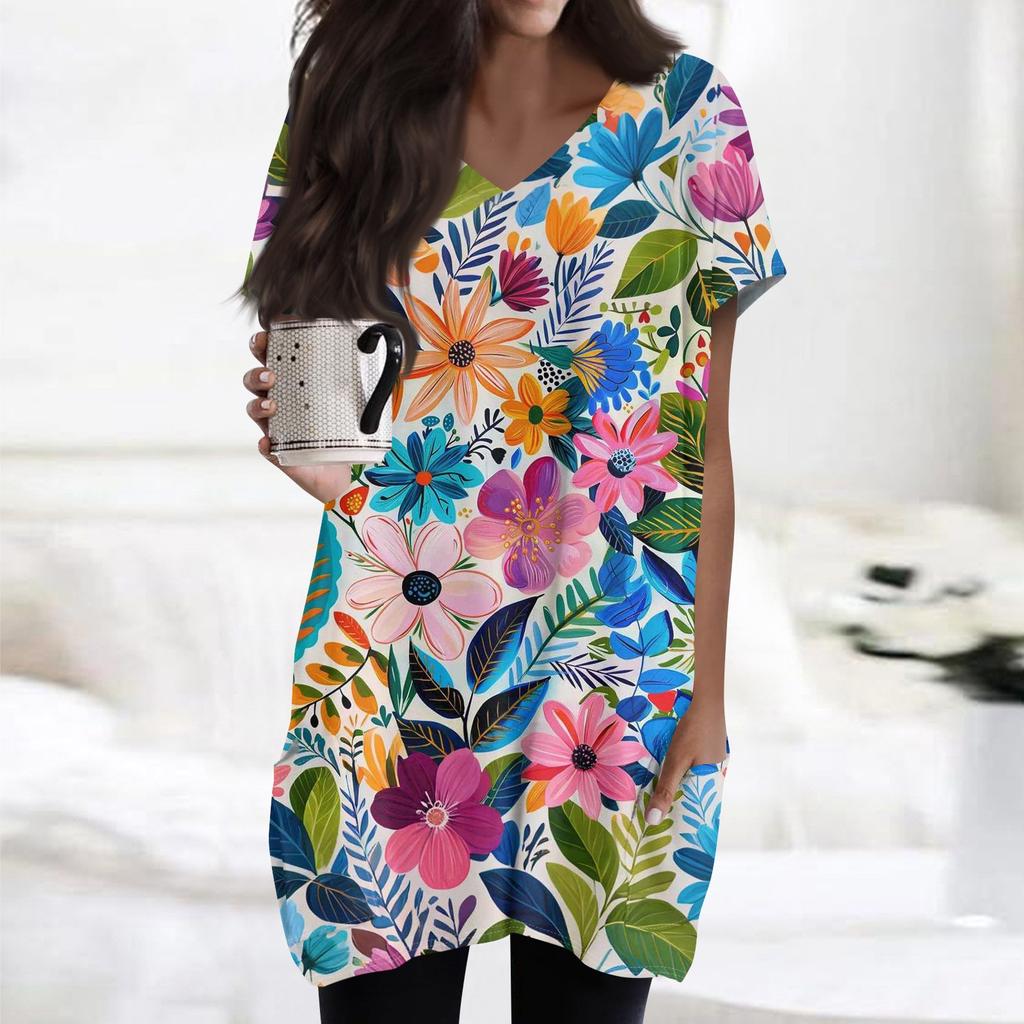 Damen Retro Blumen- und Blätterdruck V-Ausschnitt Midi Tasche Kurzarm Top