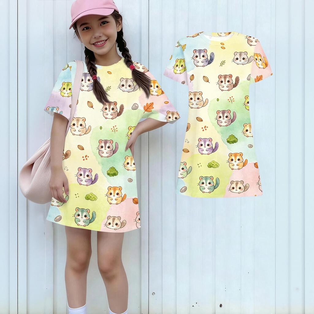 Girls Loose Fit Short Sleeve Dress Lightweight Summer Dress Kids Round Neck Dress with Animal Print Pattern Casual Kids Dress for Everyday Wear