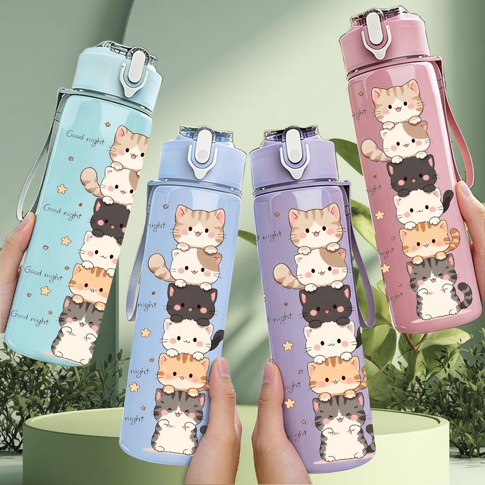1PC Vertical Stacked Kitten Cartoon Print 750ml Color Plastic Sports Water Bottle Leakproof Flip Straw Lid Suitable for Sports Office Home Use