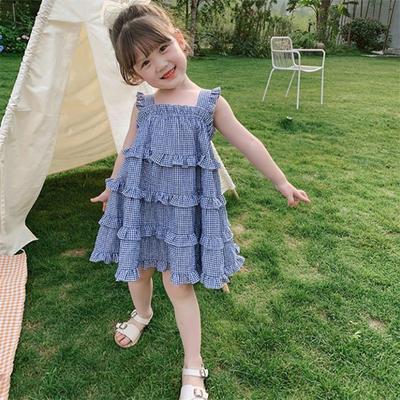2023 Girls Summer Blue Plaid Sling Sleeveless Dress Children Cake Vest Casual Loose Dresses Kids Slip Sundress