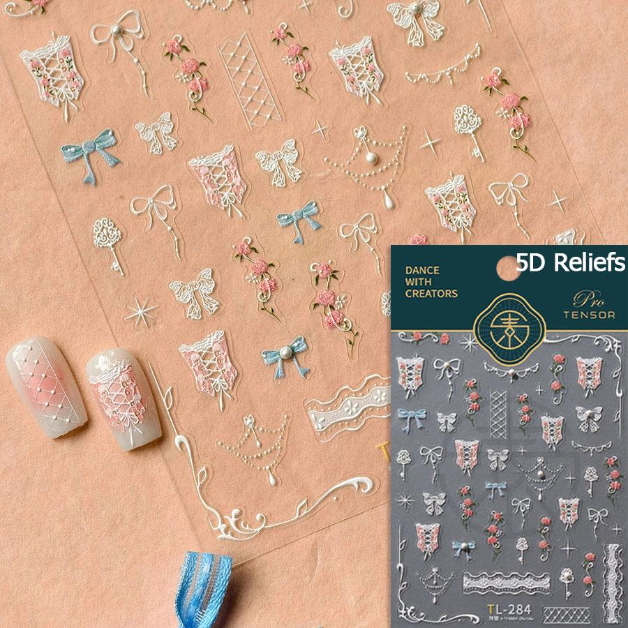 Shiny Polarized White Ribbon Bowknot Stars Tassel 3D Self Adhesive Nail Art Stickers Lovely Bow 5D Embossed Manicure Decals