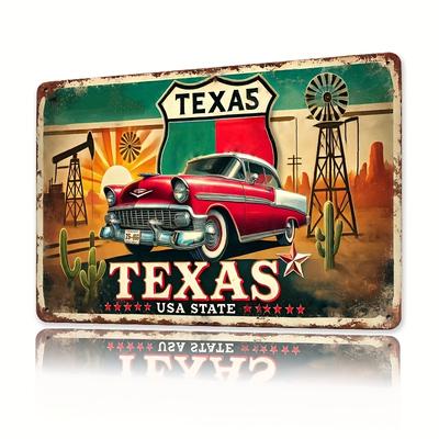 Arte da Parete in Metallo Camioncino Rosso Texas Vintage    Placca di Latta Retrò con Auto d'Epoca Icone del Texas Decorazione Resistente in Ferro per Casa Ufficio