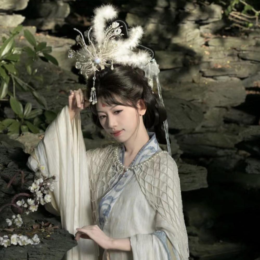 Vintage Chinese Hanfu Hair Crown Fairy Peri Feather Tiara  Hanfu Accessory