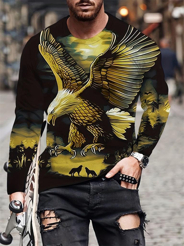 Men's Eagle Hand-painted Pattern Casual T-Shirts Long Sleeve Streetwear 3D Animal Printing Hip Hop Male Tops Tee Plus Size 4XL