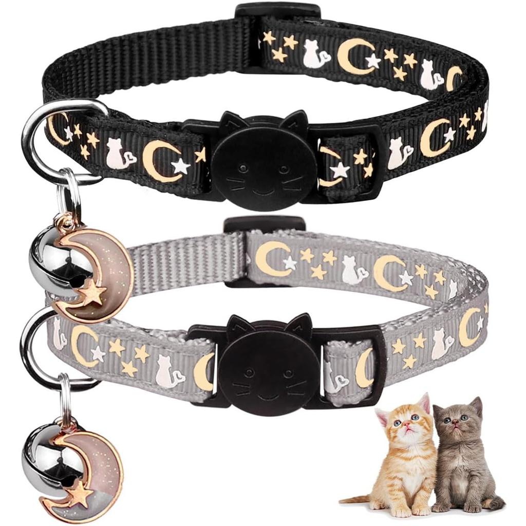 2Detachable cat collar with bell, adjustable, luminous design, durable nylon material, perfect for outdoor activities, cute kitten collar for pets