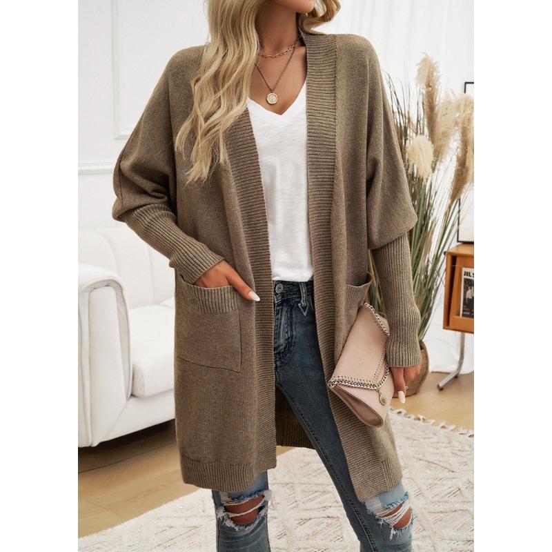 Women Bat Sleeve Cardigan Solid Color Knit Sweater Cardigan Coat
