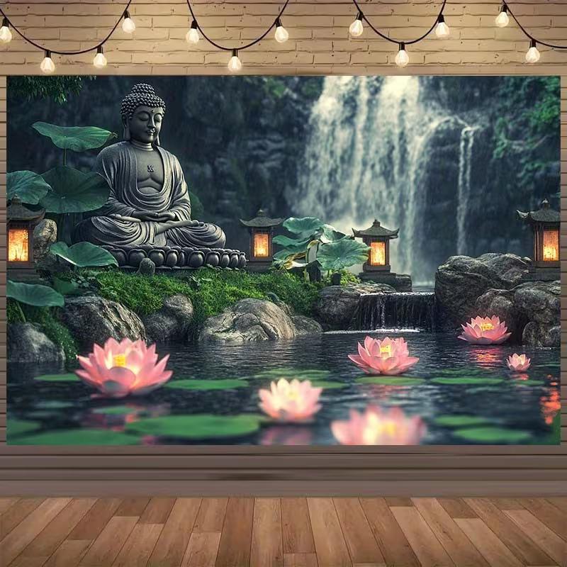 2D Zen Buddha Tapestry Waterfall Lotus Nature Bedroom Wall Hanging Background 47.2x31.5inch/120*80cm