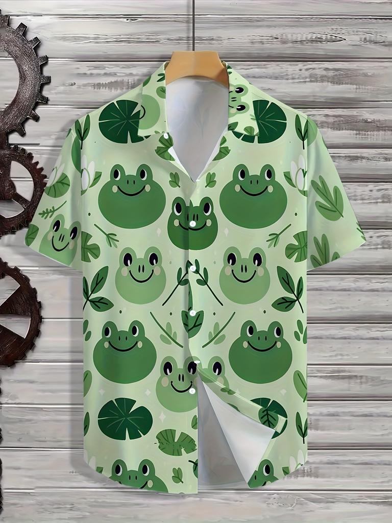 Men'S Frog Hawaiian Shirt - Short Sleeve Button Design, Green Casual Vacation Outfit, Theme Party, Machine Washable Loose Fit