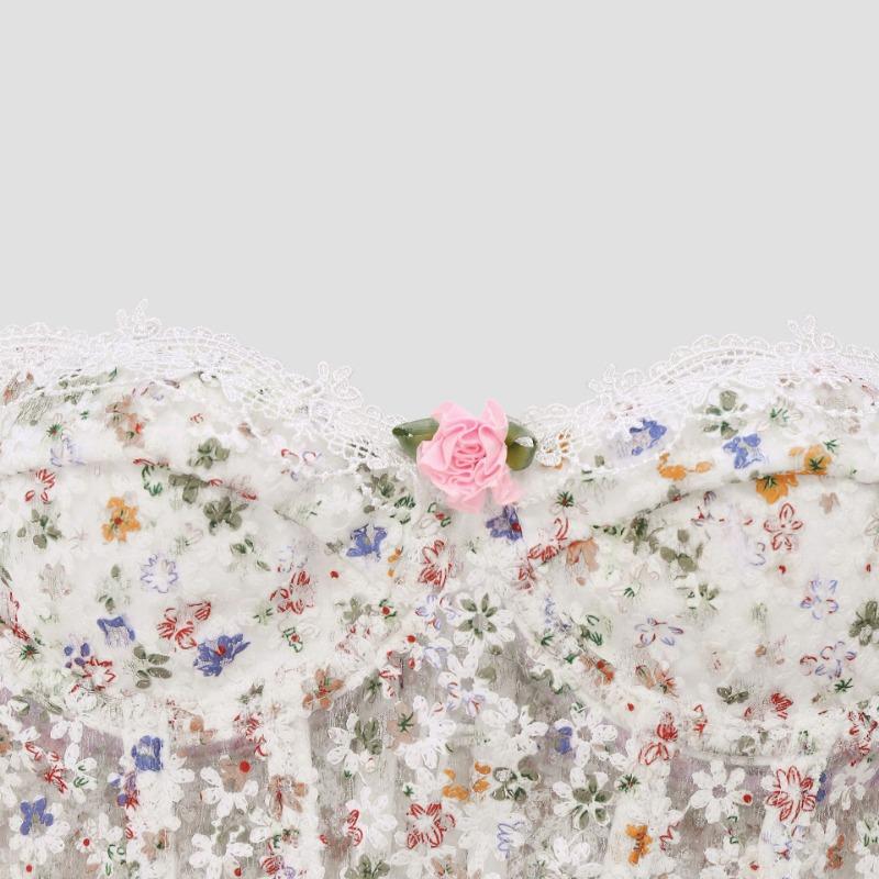 Floral Lace Corset Top Strapless Sweetheart Bustier with 3D Flower Decor