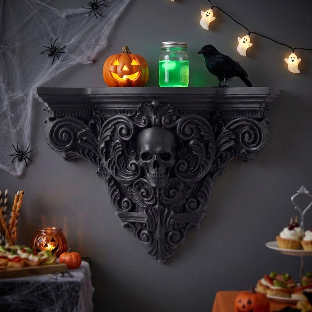 Vintage Style Halloween Skull Wall Mount Shelf Gothic Halloween Display Stand Bedroom