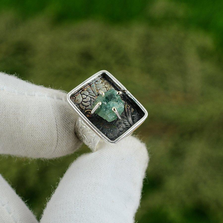 Natural Aquamarine Rough Gemstone 925 Silver Promise Adjustable Ring For Women Adjustable