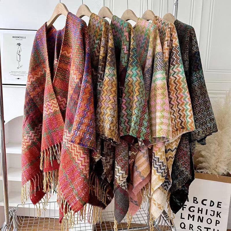 Ethnic Style Wavy Pattern Sleeved Knitted Shawl for Women in Autumn and Winter Thickened and Warm