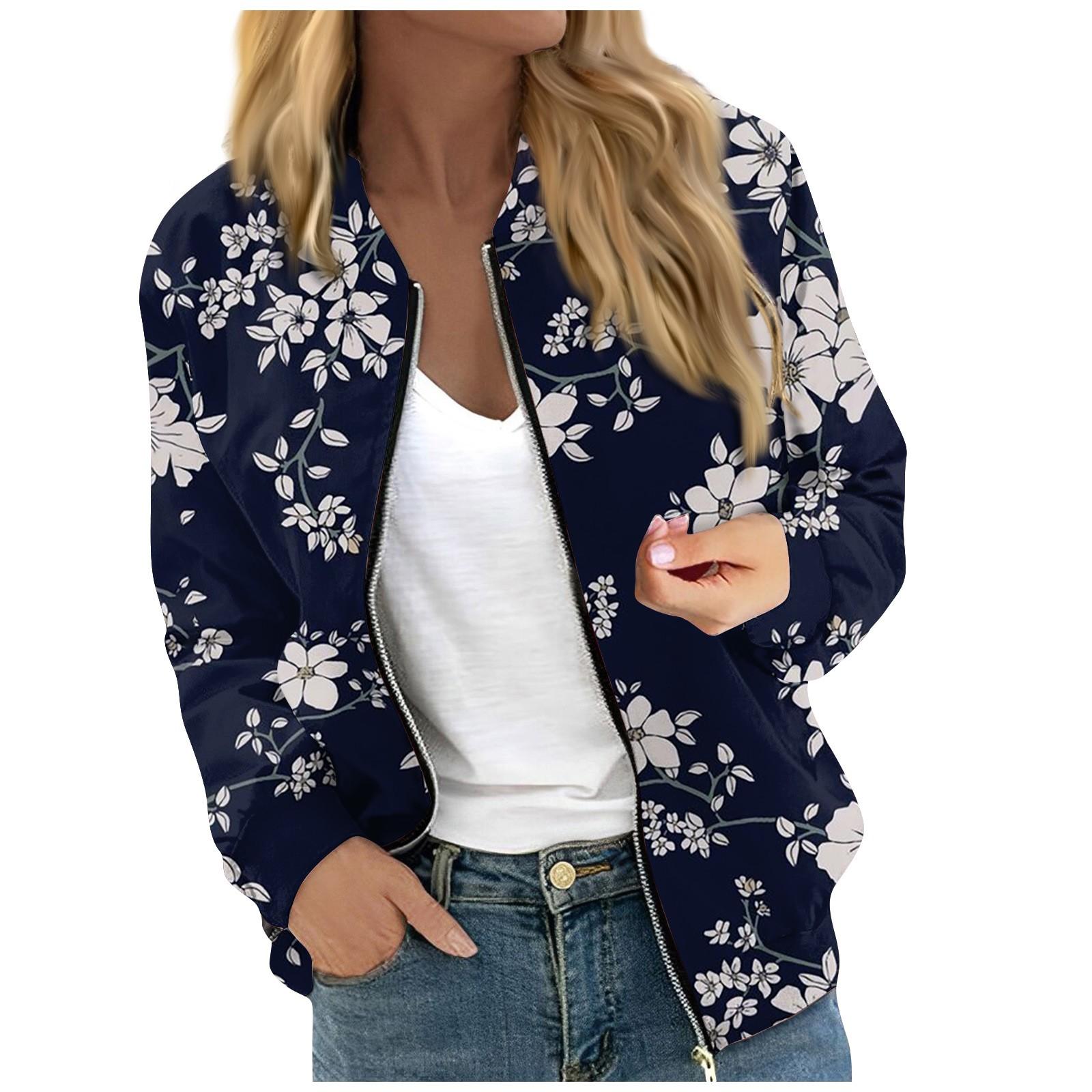 

Женская модная повседневная куртка на молнии с длинным рукавом с цветочным/листовым принтом и круглым вырезом XL тёмно-синий