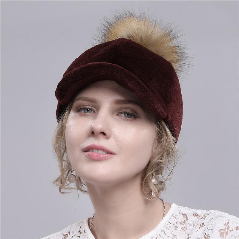 Gorra con visera para esquilar ovejas para otoño e invierno para mujer, nuevo gorro cálido de lana, gorro de piel con bola de piel de zorro real