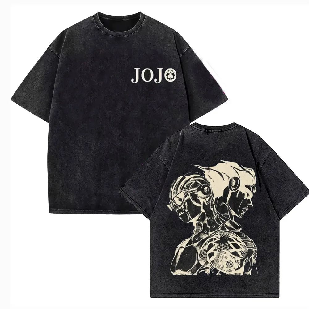 Vintage Washed TShirt JoJo Bizarre Adventure Gyro Zeppeli Streetwear T-shirt Anime Print Casual Loose Short Sleeve Tshirt