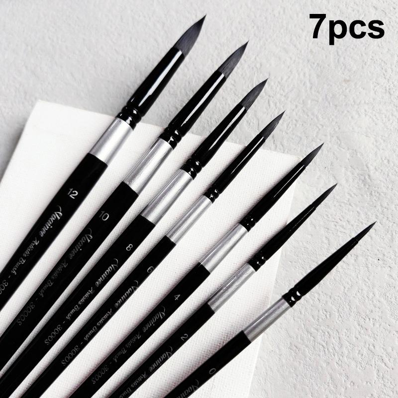 7Pcs Art Brush Set - Round/Pointed Tips For Gouache/H2O | Beginner Artist Kit W/Wood Handle (No Shed)