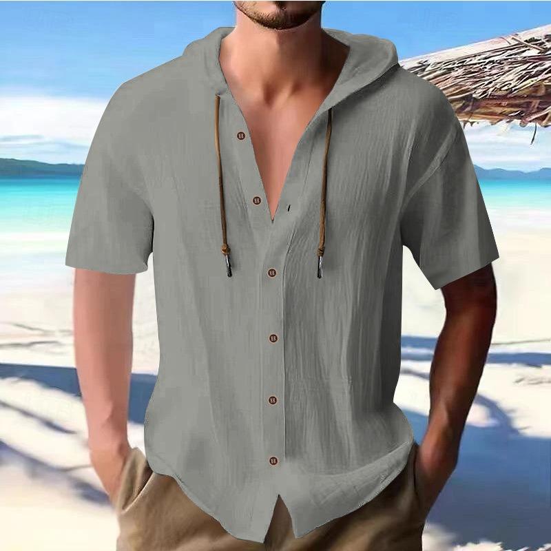 Men's Solid-color Casual Short-sleeved Shirt with A Hooded Drawstring Cotton Cardigan Is Trendy, Versatile and Loose