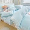 Solid Color Bedding Set with Lace Edge Princess Style Pink Bed Cover Set Queen/King Bed Sheet Sets for Girls Double Bedding Sets