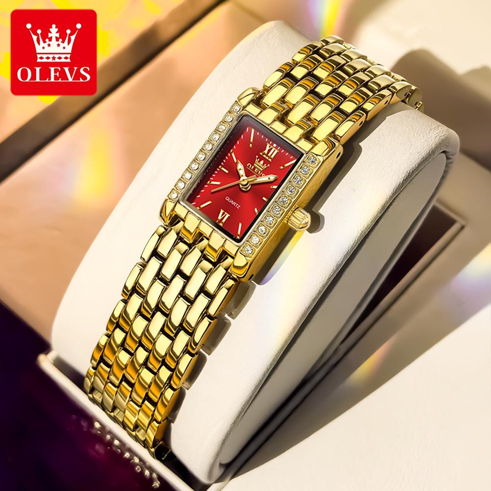 OLEVS Fashion Women's Watches Rectangular Dial Gold Stainless Steel Strap Quartz Watch Luxury Diamond Watch