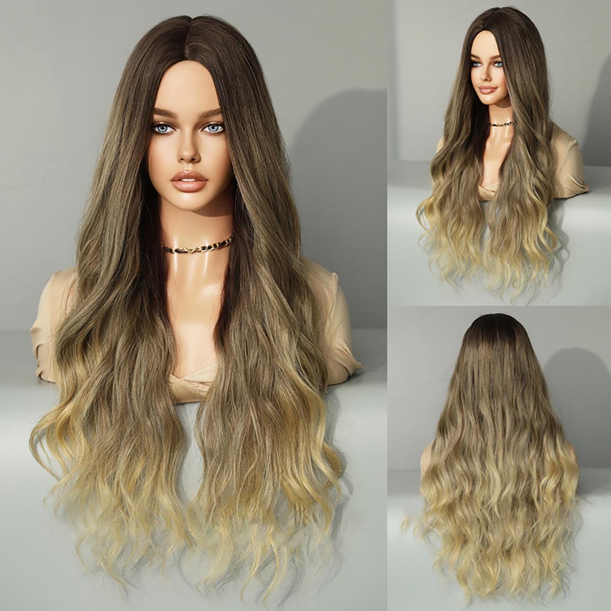 

Женские 70 см бирюзовые длинные волосы, длинные вьющиеся волосы, полный головной убор, натуральный и реалистичный парик из волос с имитацией волос 70cm 27.55inch коричневый/циан