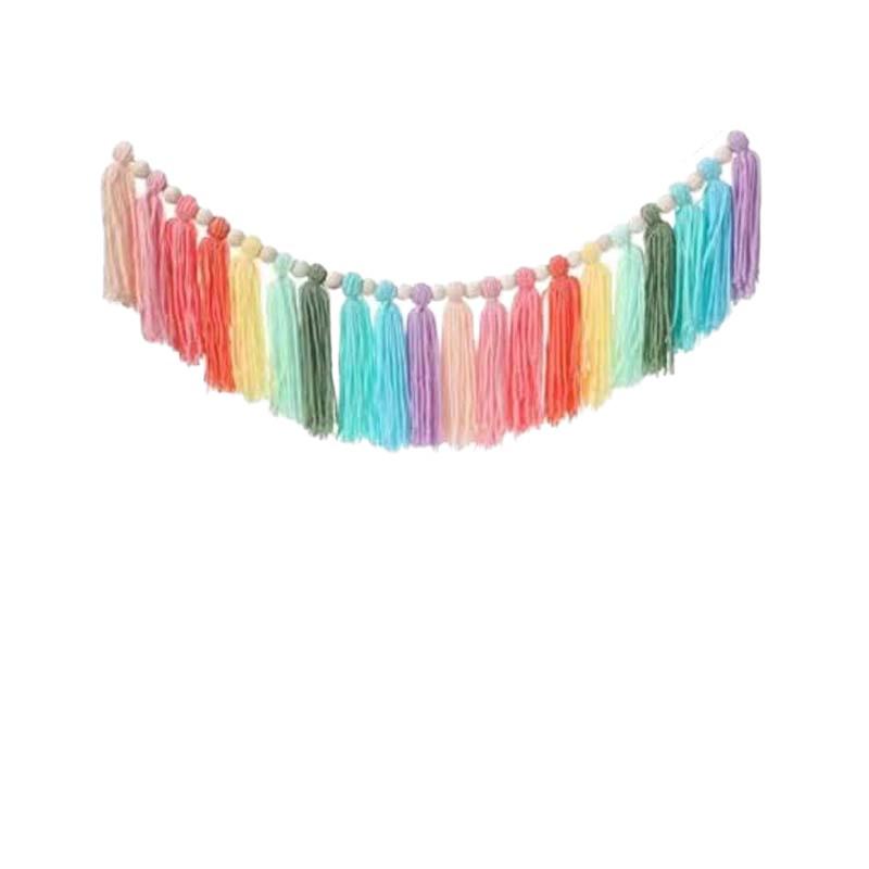 Nordic Style Wooden Bead and Pompom Tassel Wall Hanging for Children's Room